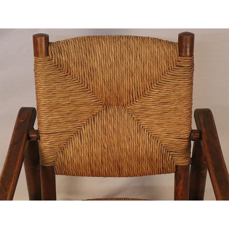 Vintage straw armchair by Charlotte Perriand 1930s