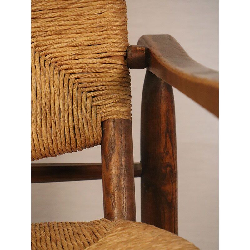 Vintage straw armchair by Charlotte Perriand 1930s