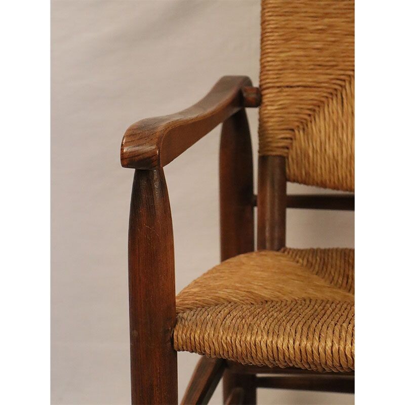Vintage straw armchair by Charlotte Perriand 1930s
