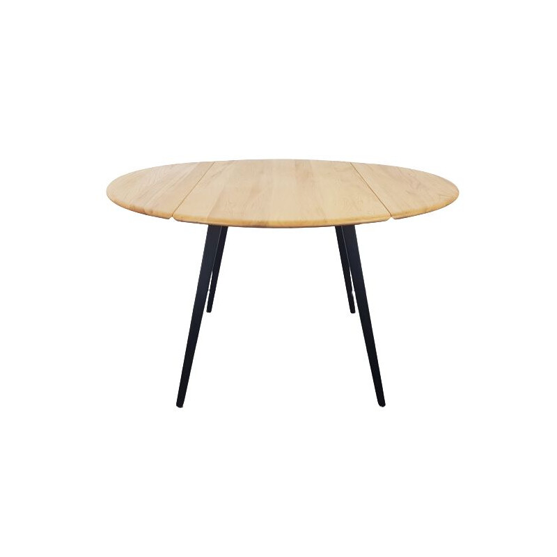 Ercol Round Drop Leaf Dining Table - Black Leg, 1960s