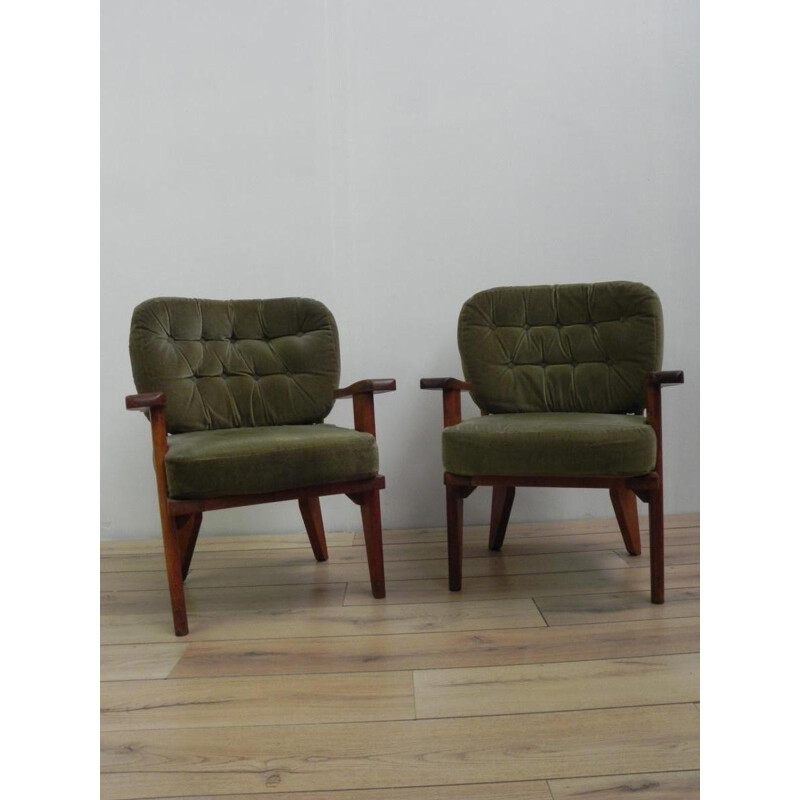 Pair of armchairs in oakwood and green fabric, GUILLERME et CHAMBRON - 1960s