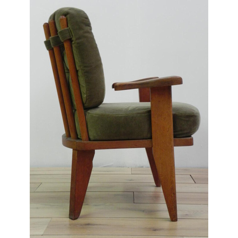 Pair of armchairs in oakwood and green fabric, GUILLERME et CHAMBRON - 1960s