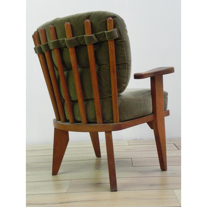 Pair of armchairs in oakwood and green fabric, GUILLERME et CHAMBRON - 1960s