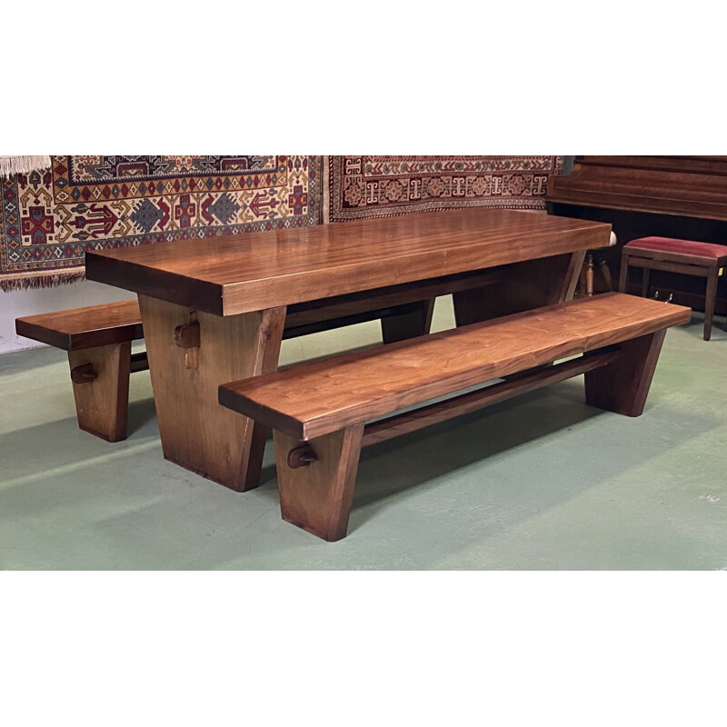 Vintage Art Deco table with its solid mahogany benches