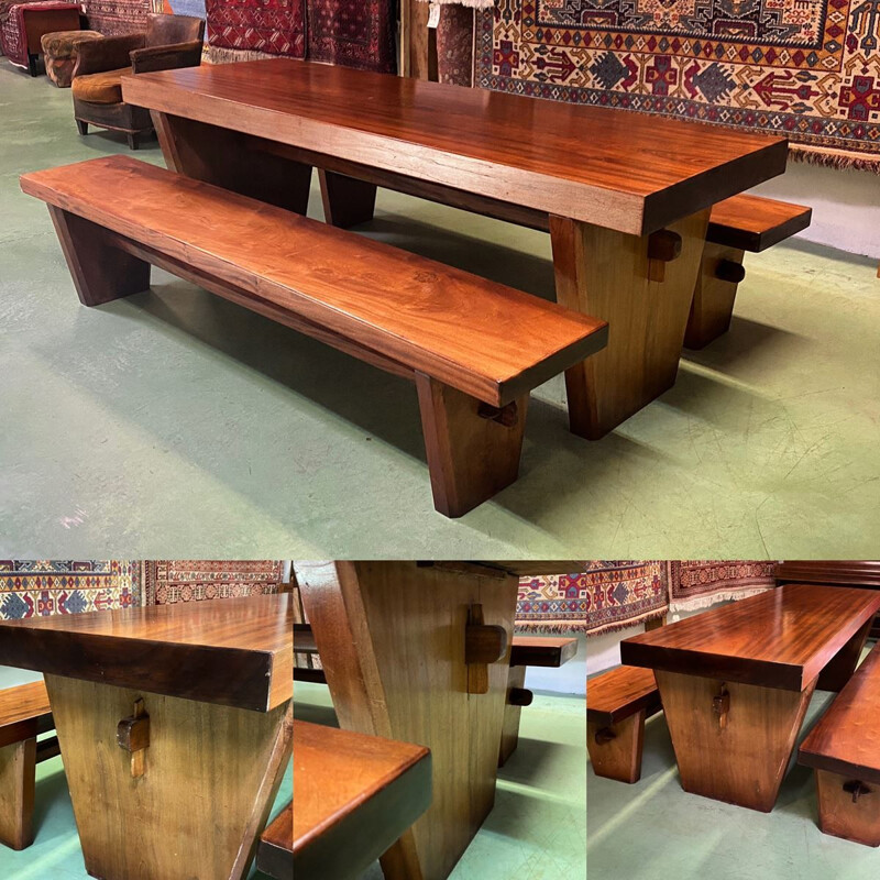 Vintage Art Deco table with its solid mahogany benches