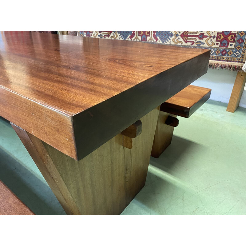 Vintage Art Deco table with its solid mahogany benches