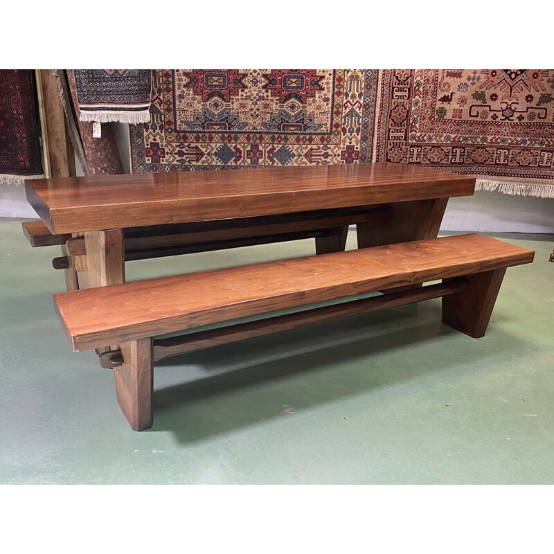 Vintage Art Deco table with its solid mahogany benches