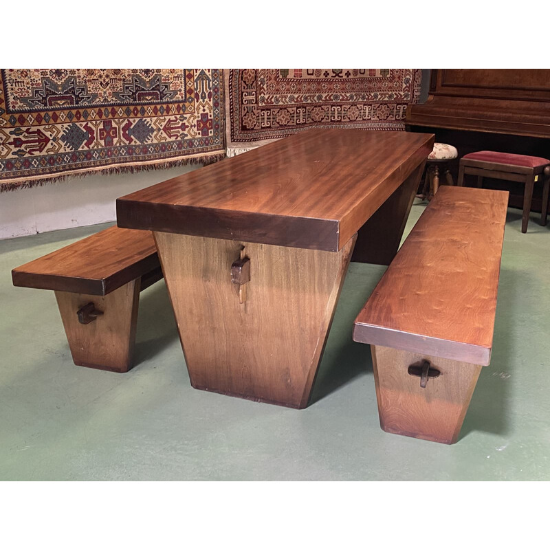 Vintage Art Deco table with its solid mahogany benches