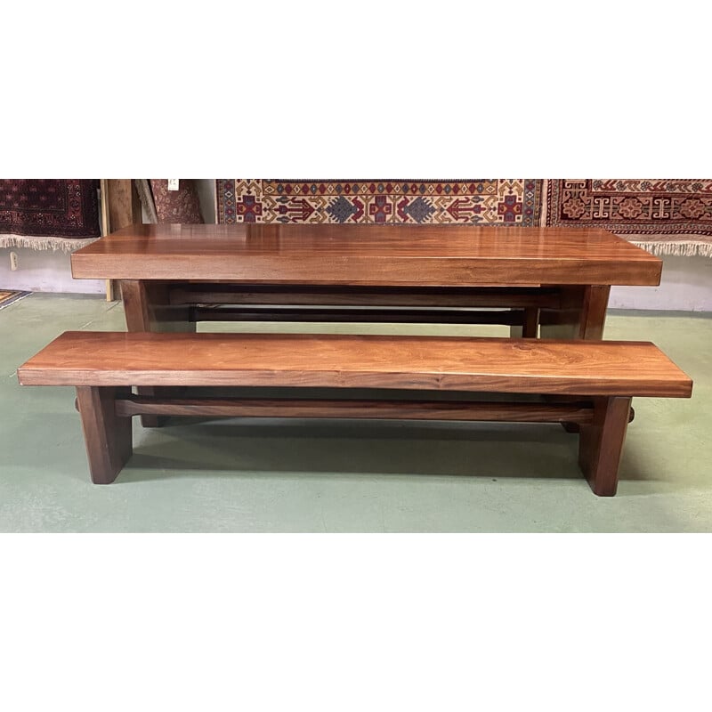 Vintage Art Deco table with its solid mahogany benches