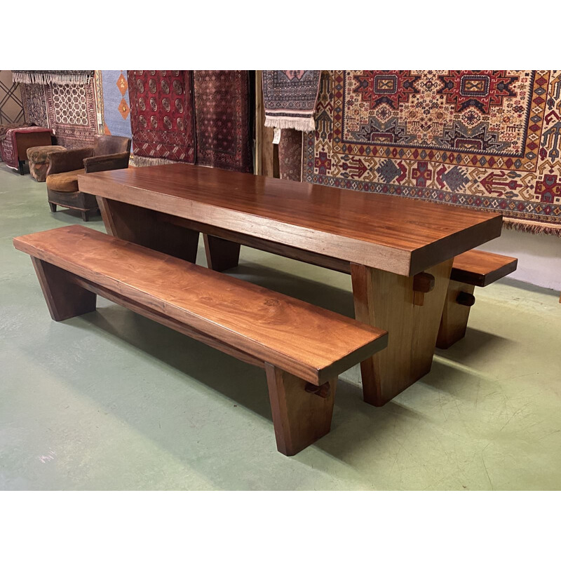 Vintage Art Deco table with its solid mahogany benches