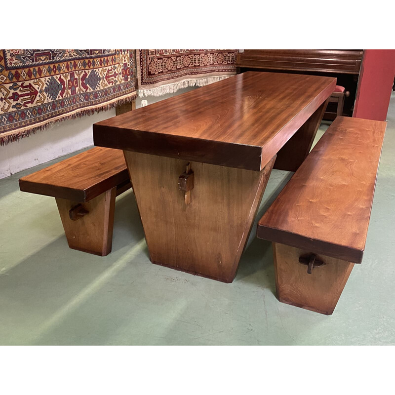 Vintage Art Deco table with its solid mahogany benches