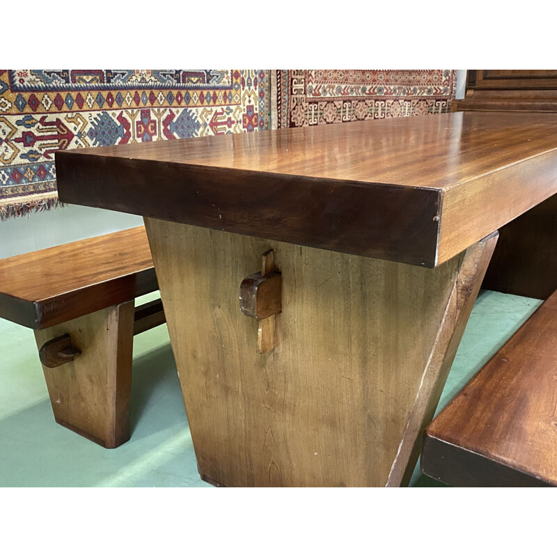 Vintage Art Deco table with its solid mahogany benches