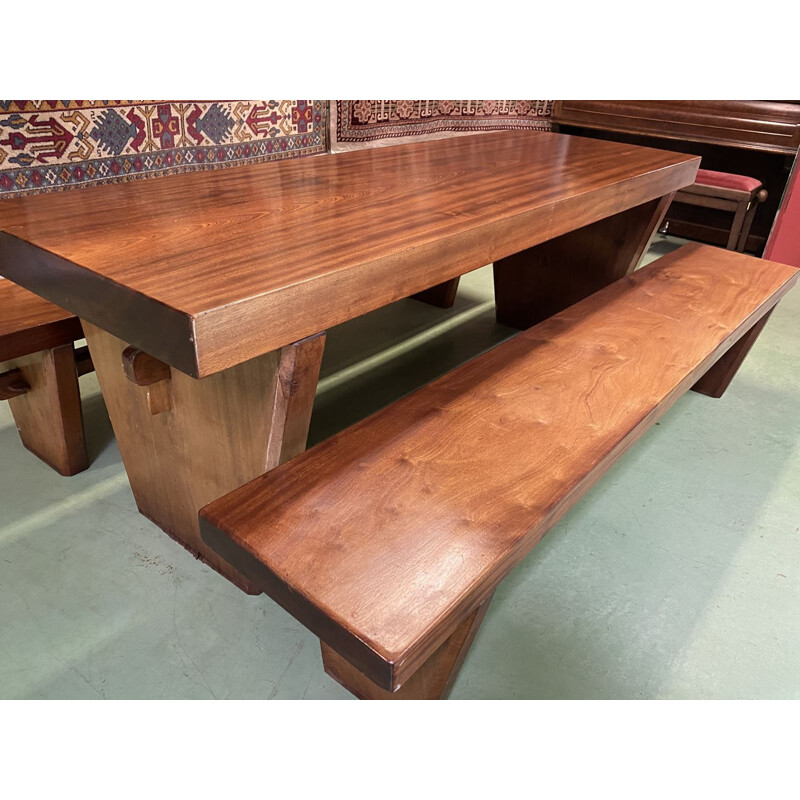 Vintage Art Deco table with its solid mahogany benches