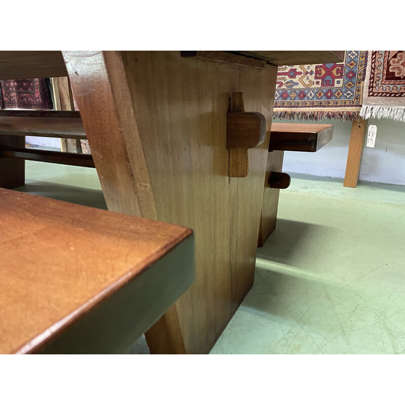 Vintage Art Deco table with its solid mahogany benches