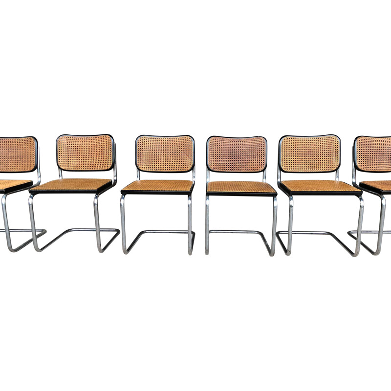Conjunto de 8 cadeiras Bauhaus vintage em faia e metal cromado 1963