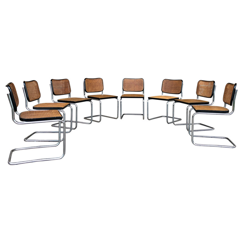 Set of 8 vintage Bauhaus Beech and Chromed Metal chairs 1963s