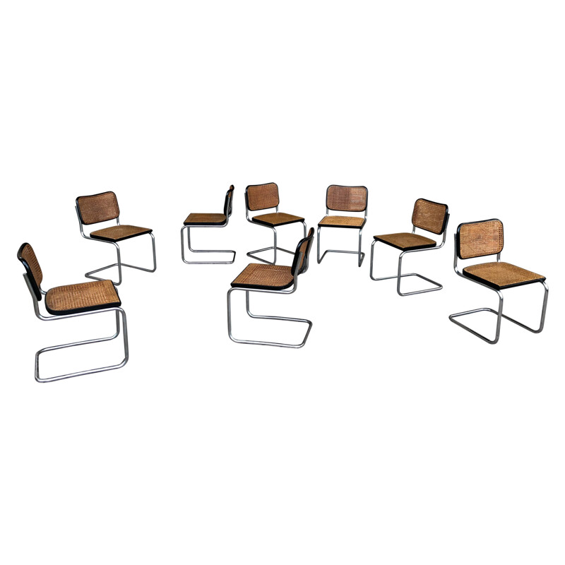 Conjunto de 8 sillas vintage Bauhaus de haya y metal cromado 1963