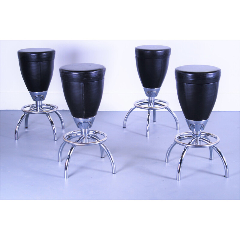 Lot de 4 tabourets de bar vintage en cuir épais et chrome