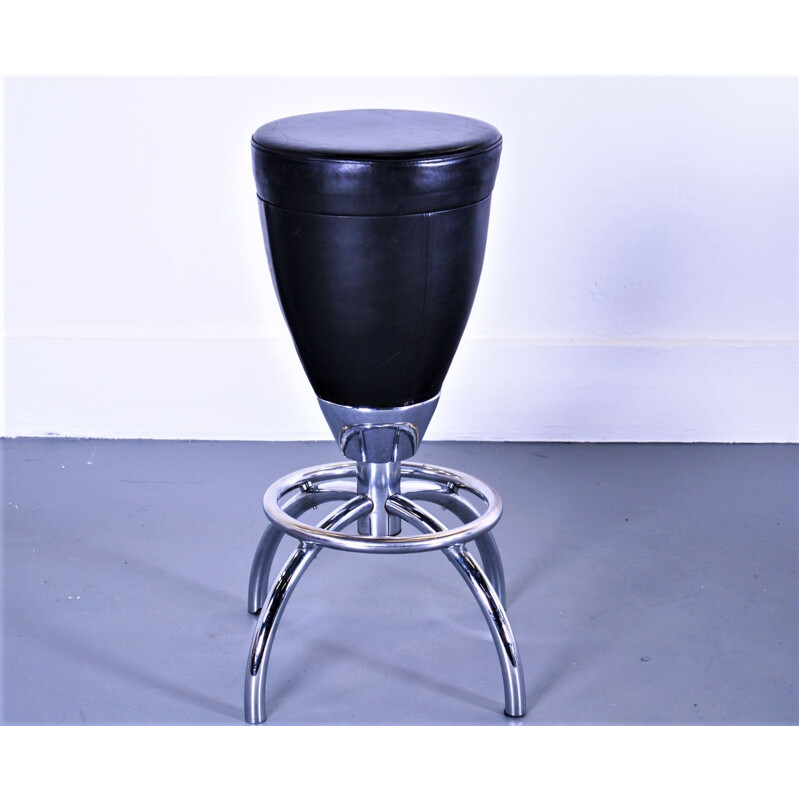 Set of 4 vintage heavy leather & chrome barstools