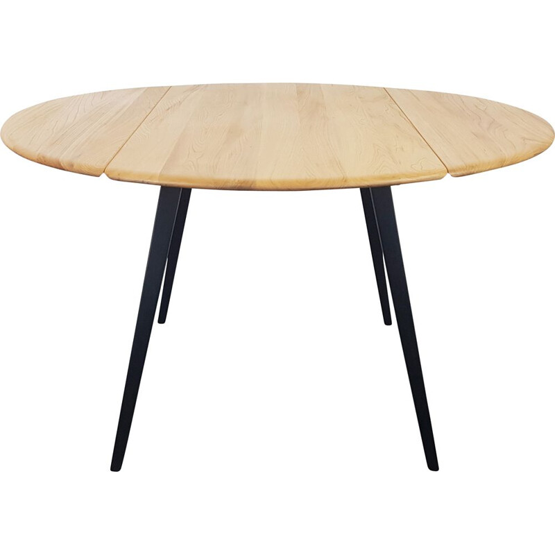 Ercol Round Drop Leaf Dining Table - Black Leg, 1960s