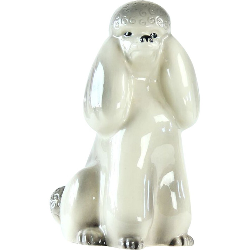 Estátua de poodle de porcelana Vintage de Jikohera Checoslováquia 1960