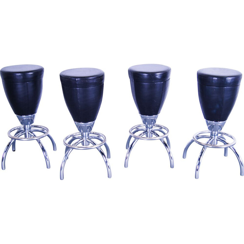 Set of 4 vintage heavy leather & chrome barstools