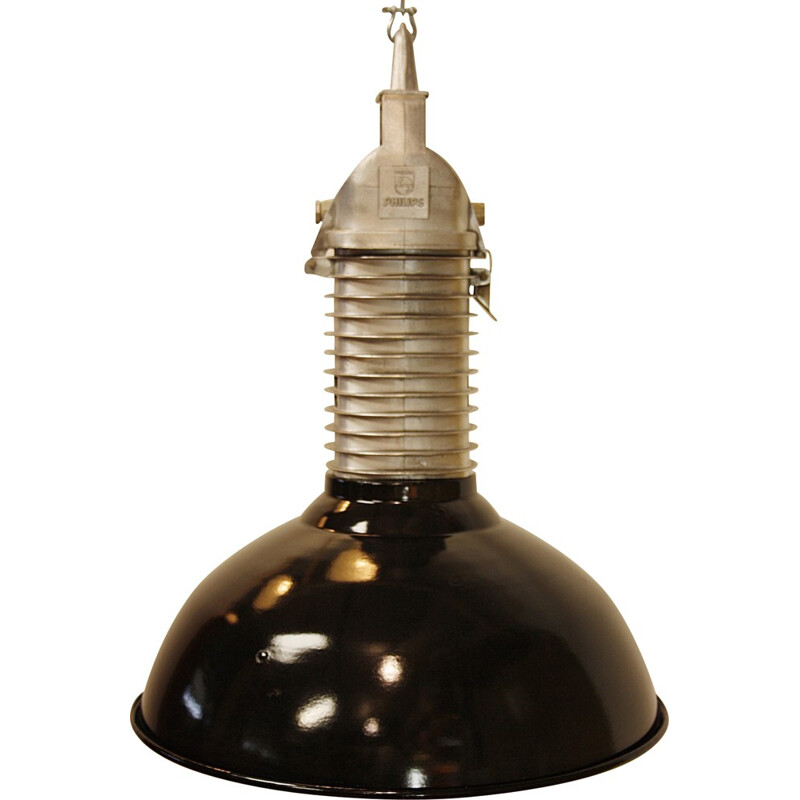 Industrial Philips hanging lamp in black enamelled aluminium - 1960s