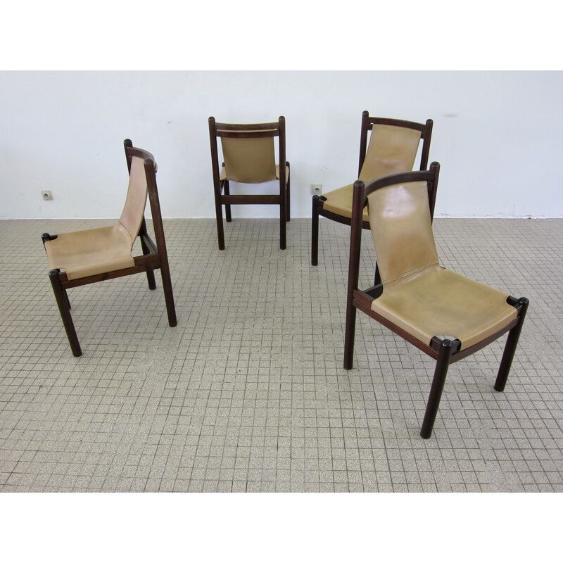 Lot de 4 fauteuils en cuir vintage cognac 1970