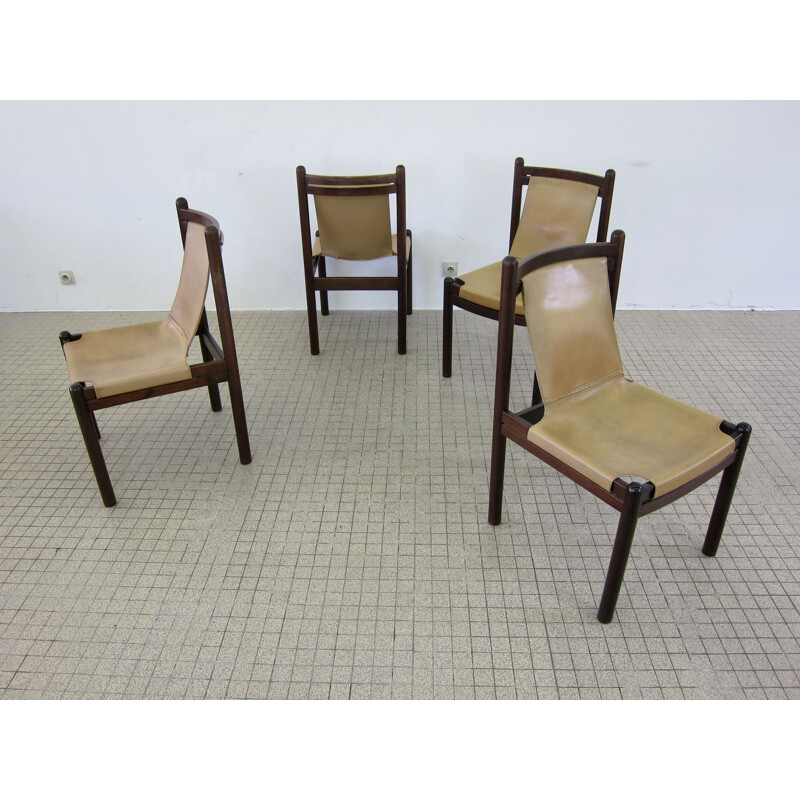 Set of 4 Vintage cognac leather sling chairs 1970