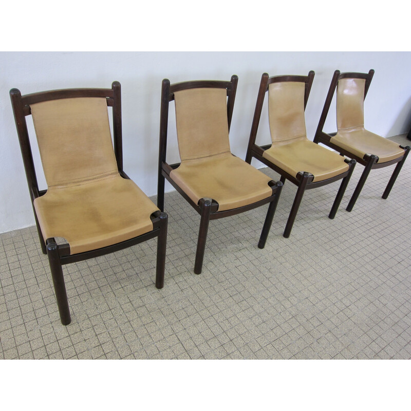 Set of 4 Vintage cognac leather sling chairs 1970