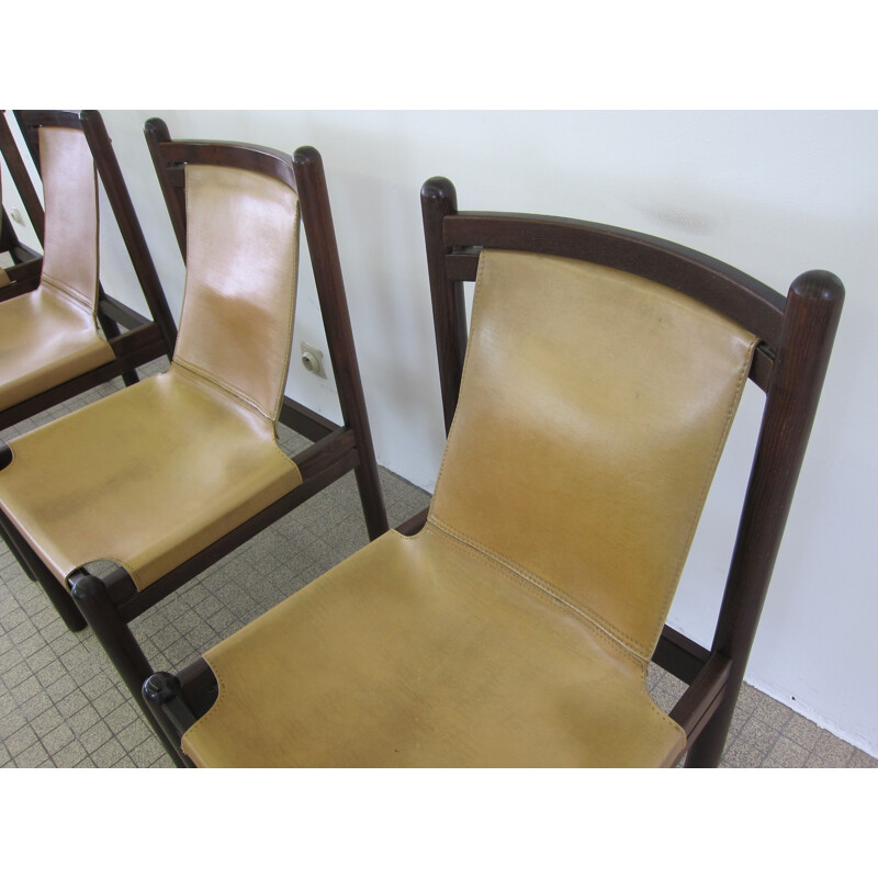 Lot de 4 fauteuils en cuir vintage cognac 1970