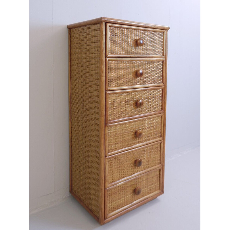 Vintage six-drawer bamboo and wickerwork chest of drawers