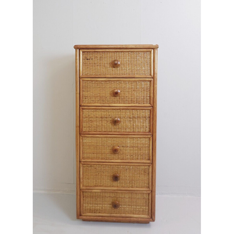 Vintage six-drawer bamboo and wickerwork chest of drawers