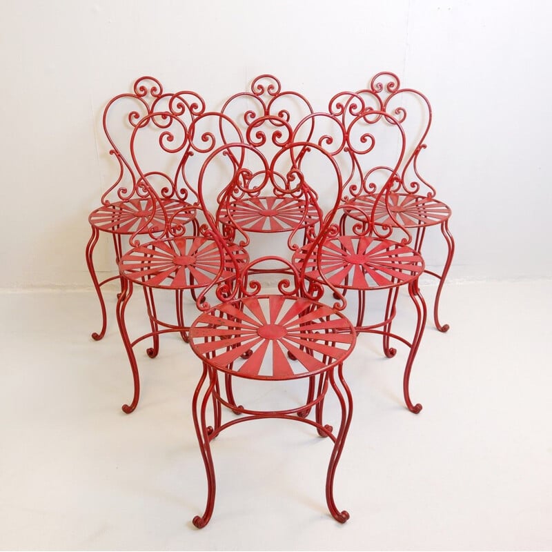  Set of 6 vintage red wrought iron chairs