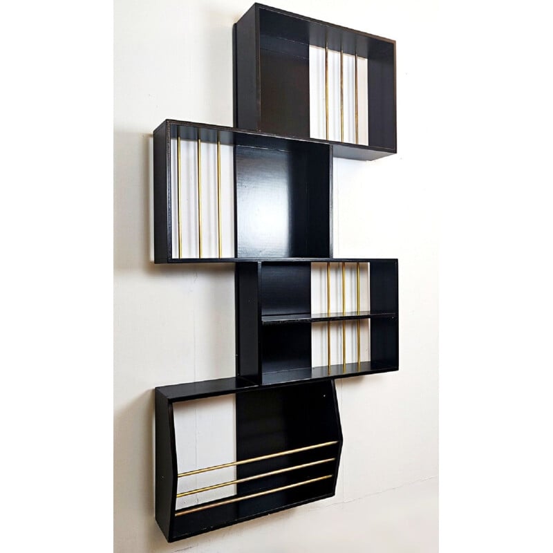 Vintage Italian graphic bookcase in black lacquered wood