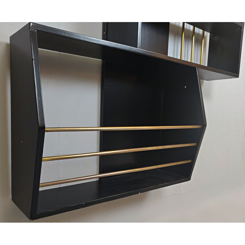 Vintage Italian graphic bookcase in black lacquered wood