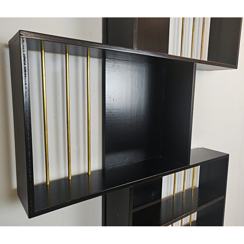 Vintage Italian graphic bookcase in black lacquered wood