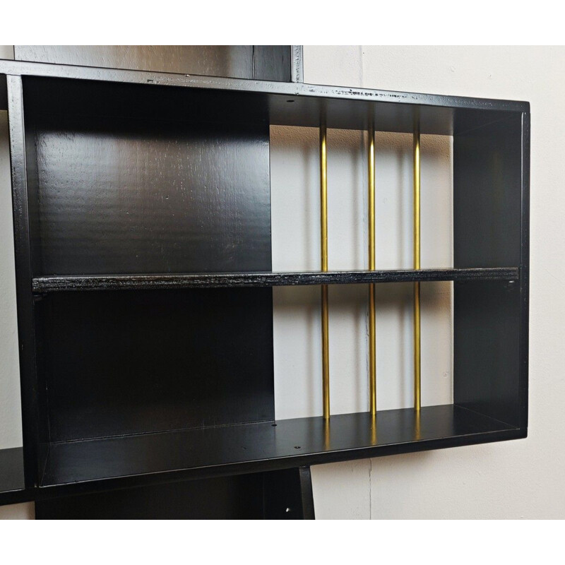 Vintage Italian graphic bookcase in black lacquered wood