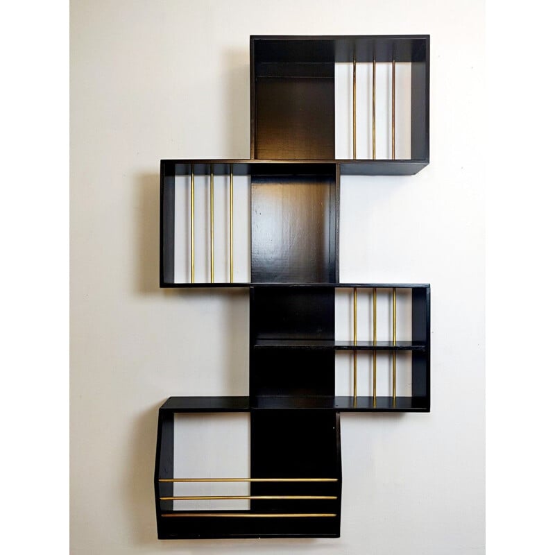 Vintage Italian graphic bookcase in black lacquered wood