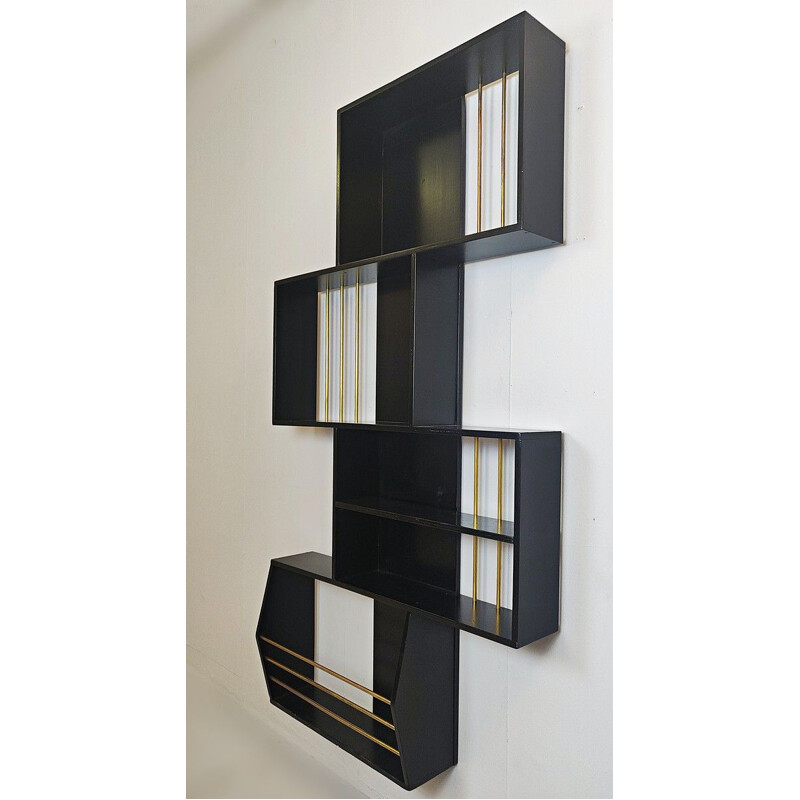 Vintage Italian graphic bookcase in black lacquered wood