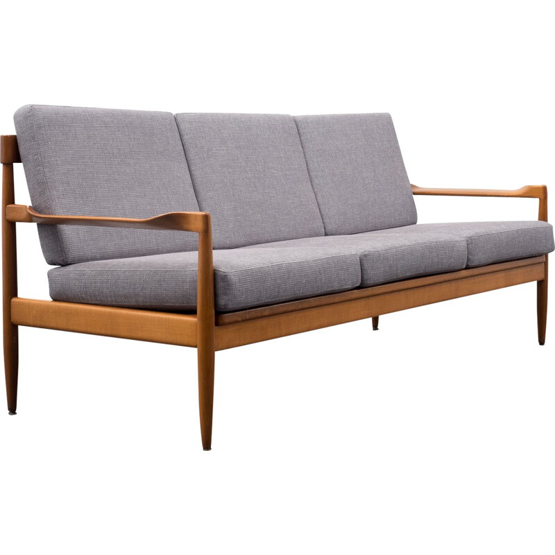 Mid-century three seater sofa in grey fabric and beech - 1960s