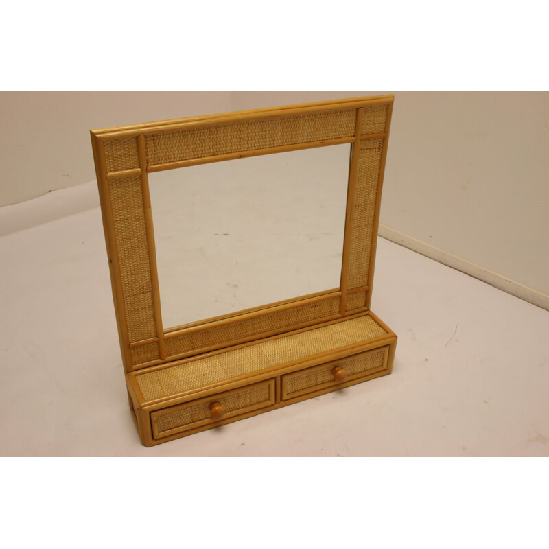 Vintage bamboo mirror with drawers 1970