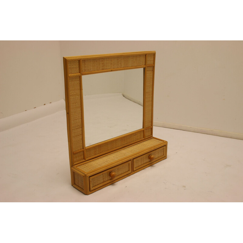 Vintage bamboo mirror with drawers 1970