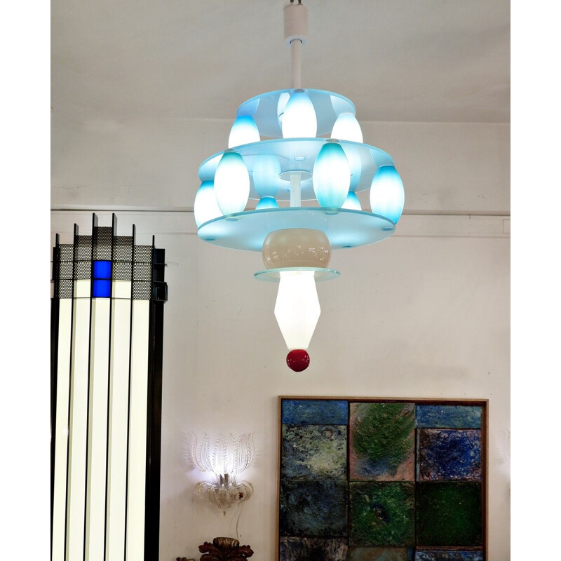 Vintage glass chandelier in postmodern, Alessandro Mendini