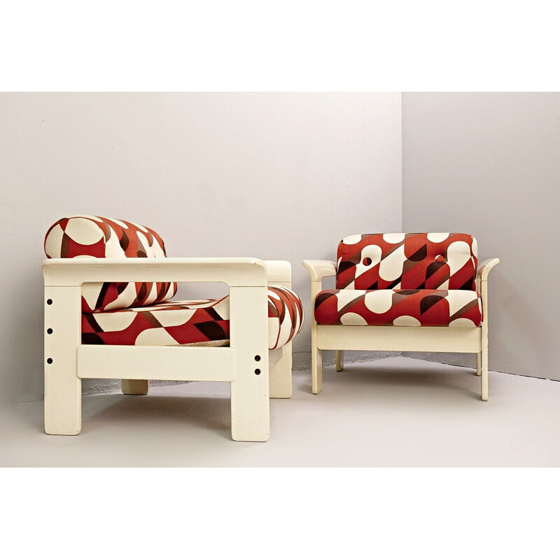 Pair of Silvano Passi vintage armchairs in cream lacquered wood 1970