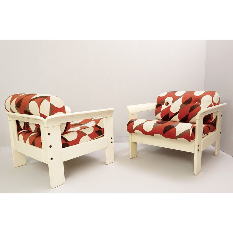 Pair of Silvano Passi vintage armchairs in cream lacquered wood 1970