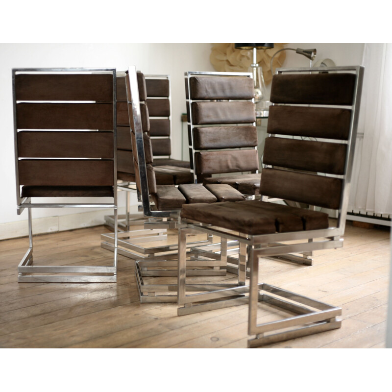 6 chaises  vintage de Roméo Rega, acier chromé et cuir suédé, Italie, 1970