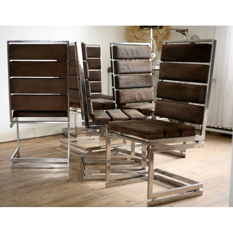 6 vintage chairs by Romeo Rega, chromed steel and suede leather, Italy, 1970