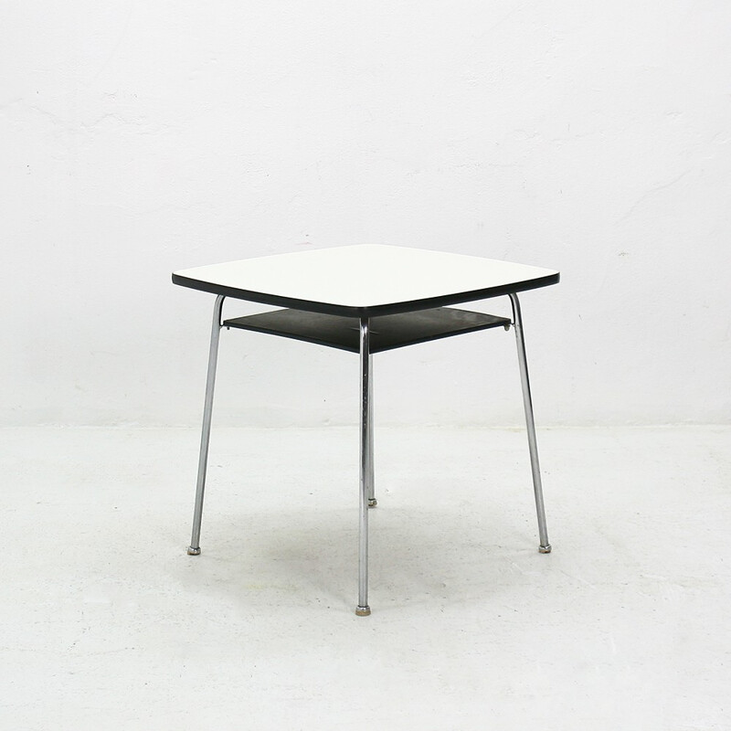 Tavolino quadrato in formica bianca e acciaio - 1950