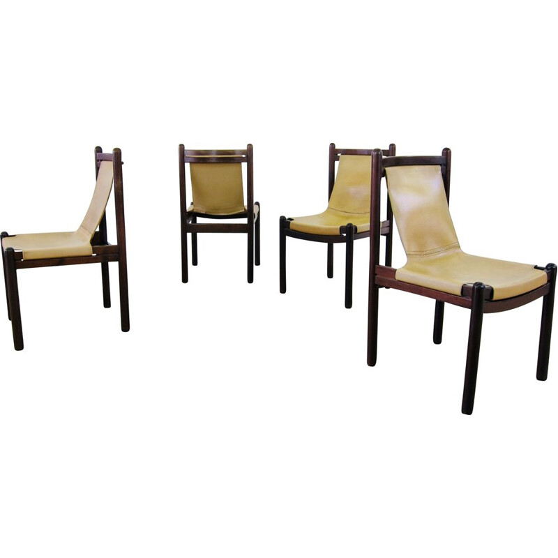 Set of 4 Vintage cognac leather sling chairs 1970